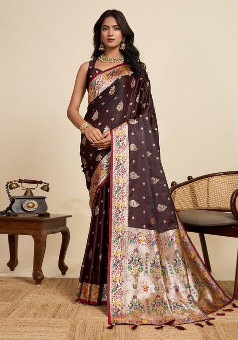 Beige Zari Work Silk Saree Set