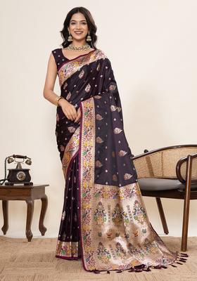 WINE Zari Work Silk Saree Set