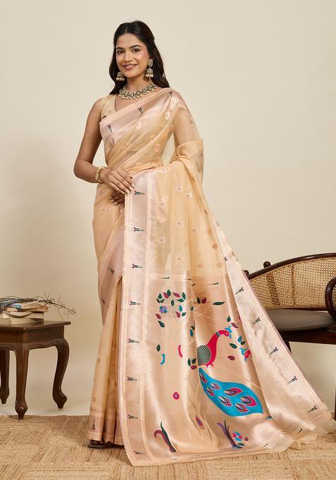 CREAM Zari Work Silk Saree Set