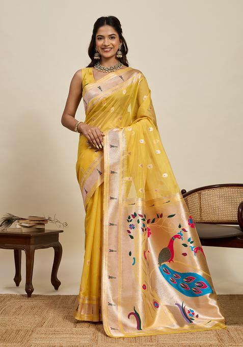 YELLOW Zari Work Silk Saree Set
