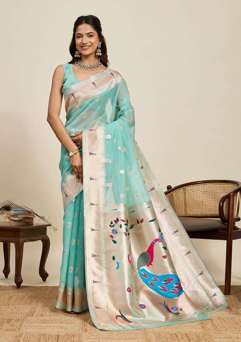 Sky Blue Zari Work Silk Blend Saree Set - Indya