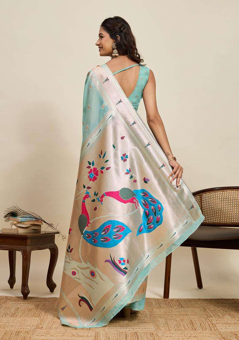 Sky Blue Zari Work Silk Blend Saree Set - Indya
