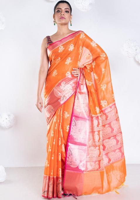 Orange Woven Organza Saree