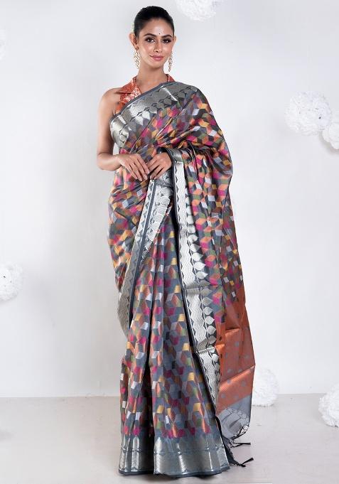 Grey Woven Organza Saree