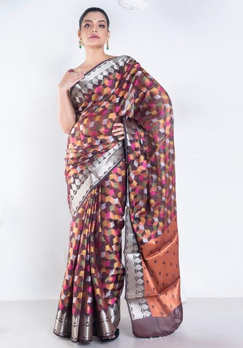 Brown Woven Organza Saree