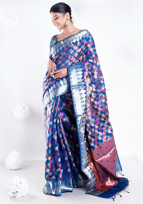 Navy Blue Woven Organza Saree