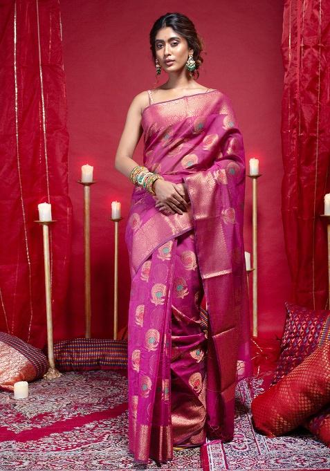 Magenta Woven Organza Saree