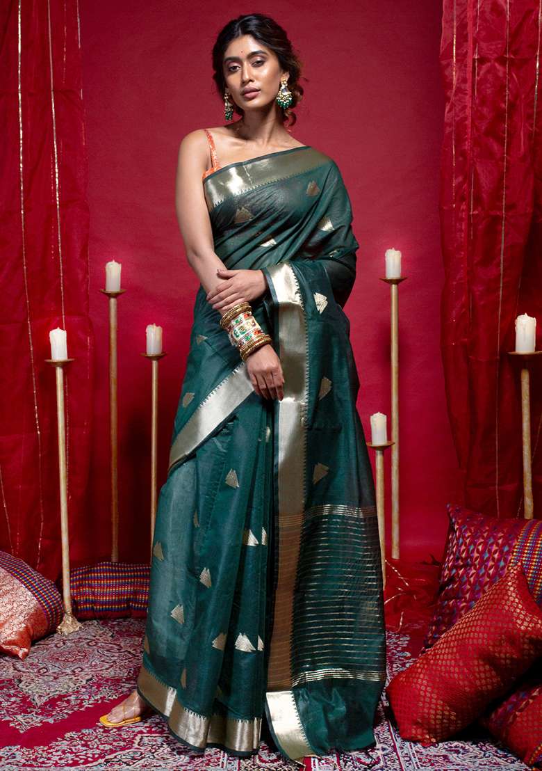 Green Woven Organza Saree - Indya