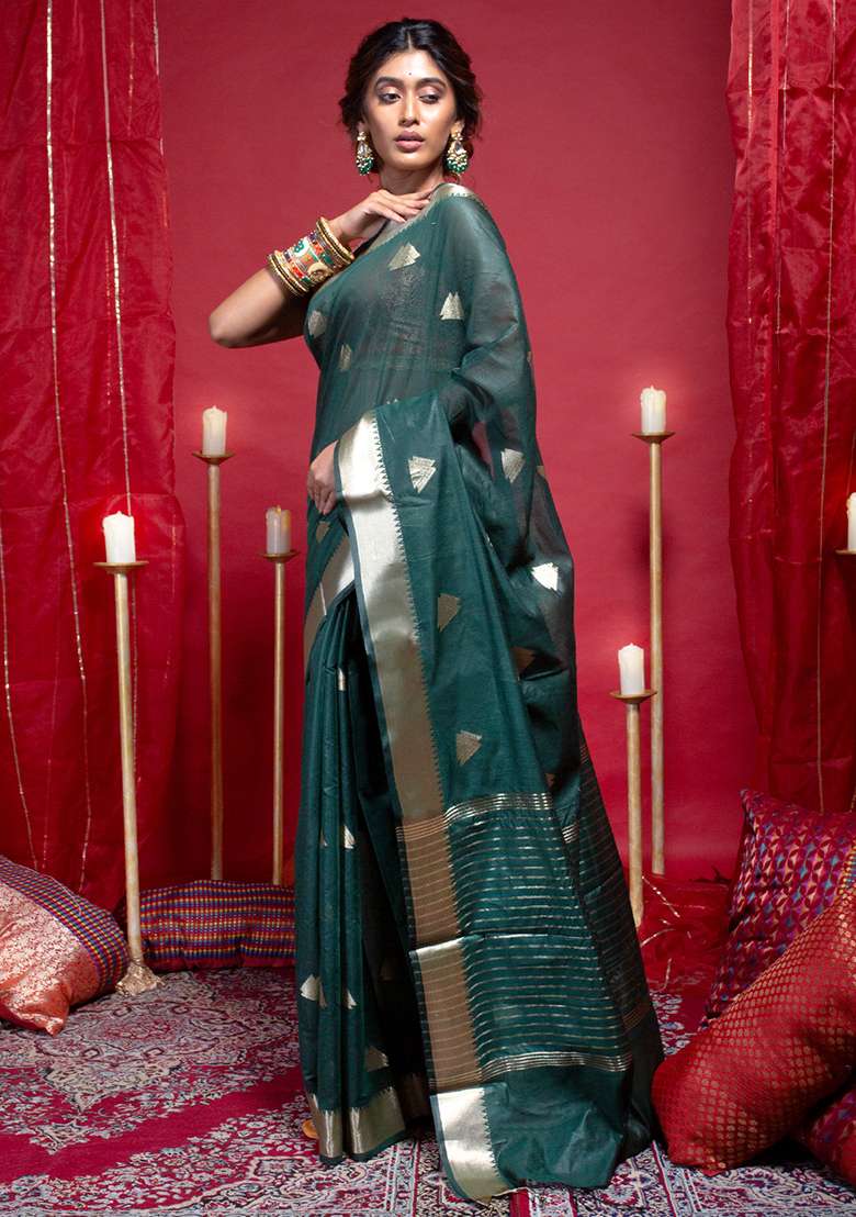 Green Woven Organza Saree - Indya