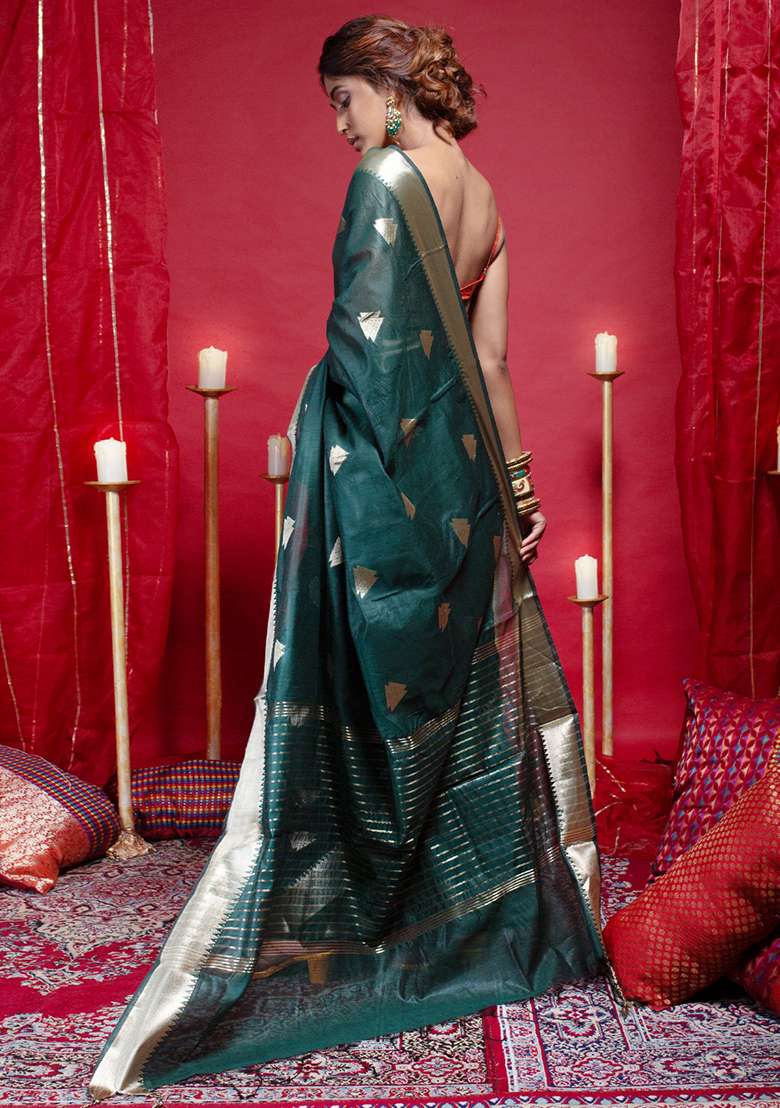 Green Woven Organza Saree - Indya