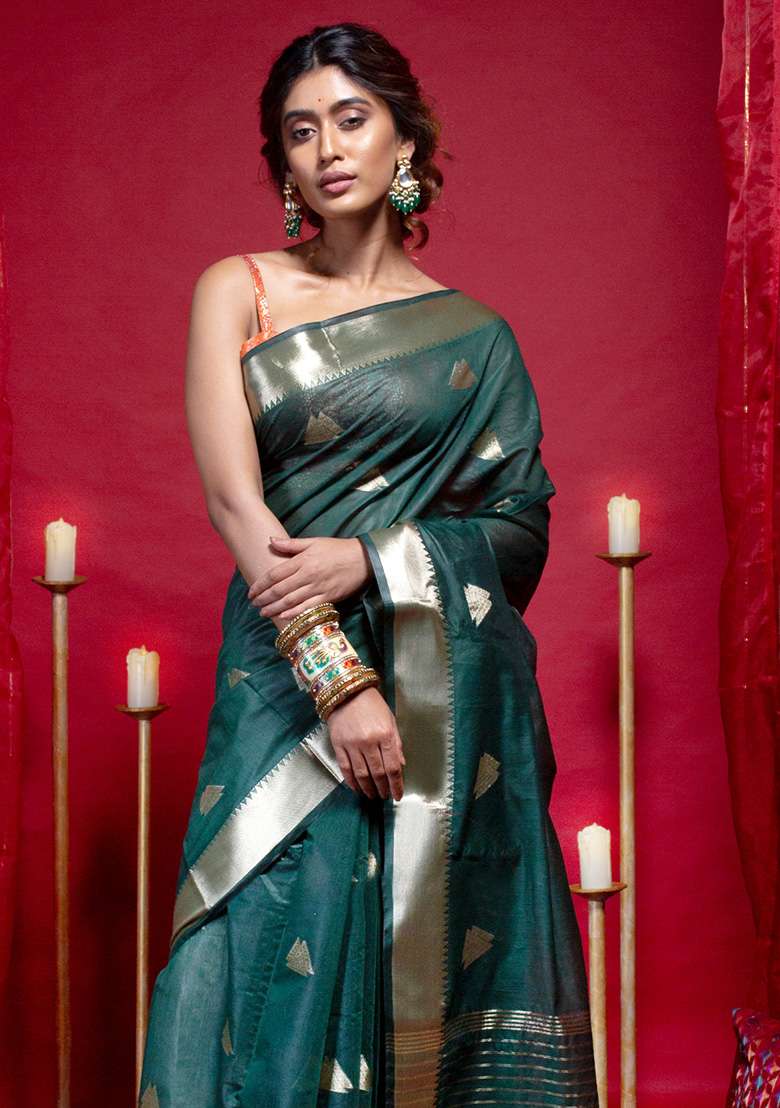 Green Woven Organza Saree - Indya