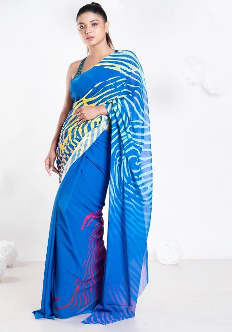 Blue Digital Print Georgette Saree