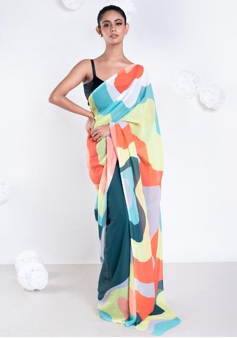 Green Digital Print Georgette Saree