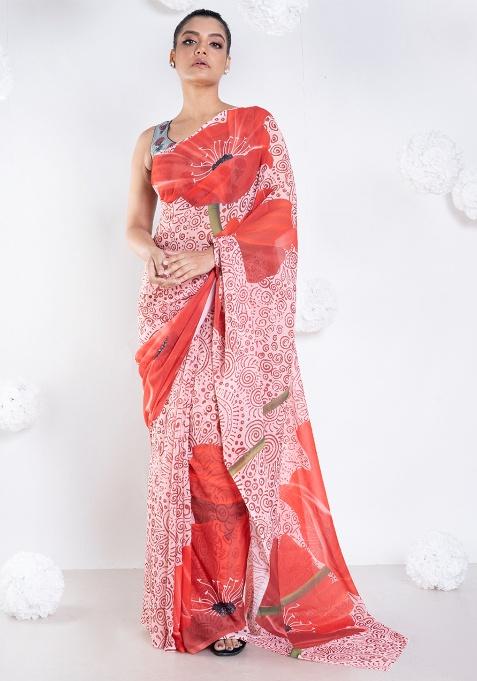 Ivory Digital Print Georgette Saree
