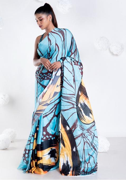 Blue Digital Print Georgette Saree