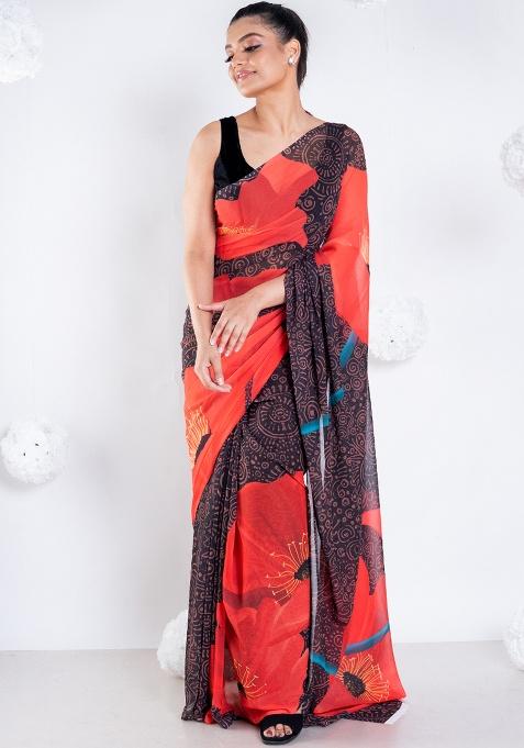 Black Digital Print Georgette Saree