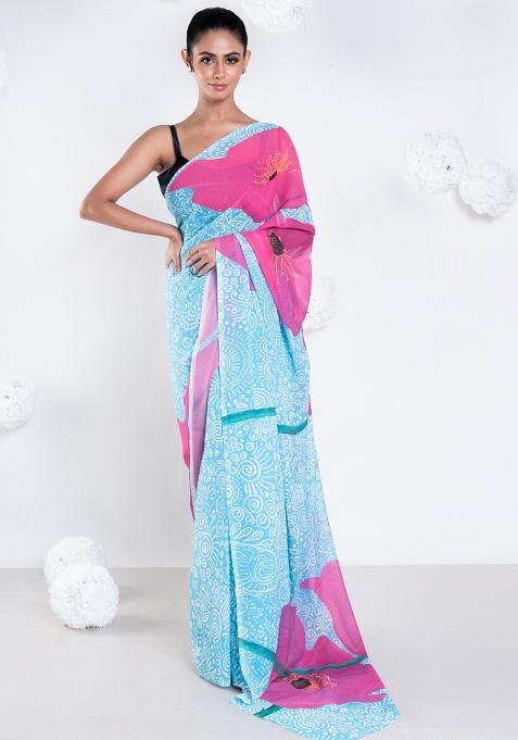 Blue Digital Print Georgette Saree