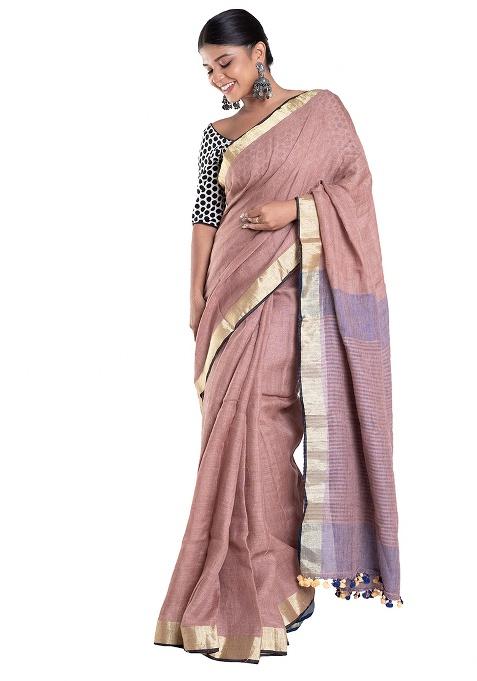 Brown Woven Linen Saree