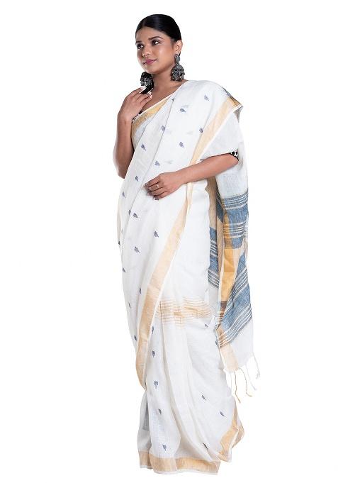 Ivory Woven Linen Saree