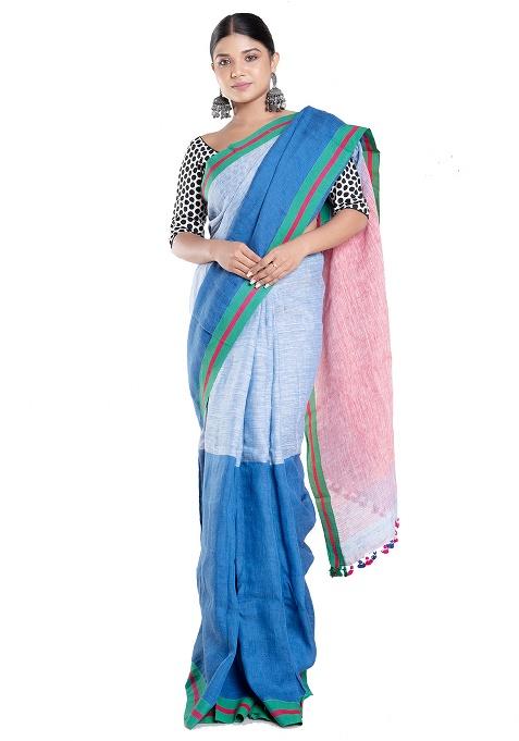 Blue Woven Linen Saree