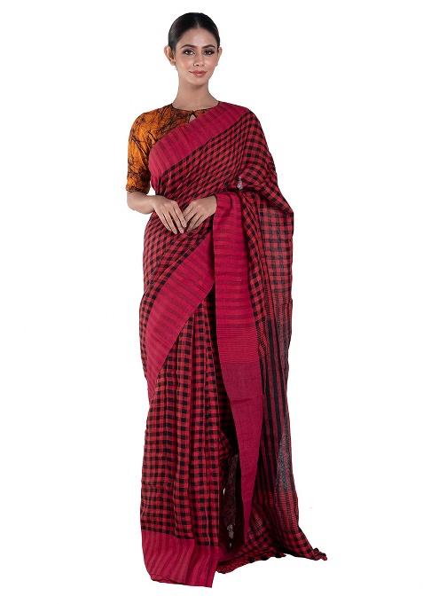 Red Woven Linen Saree