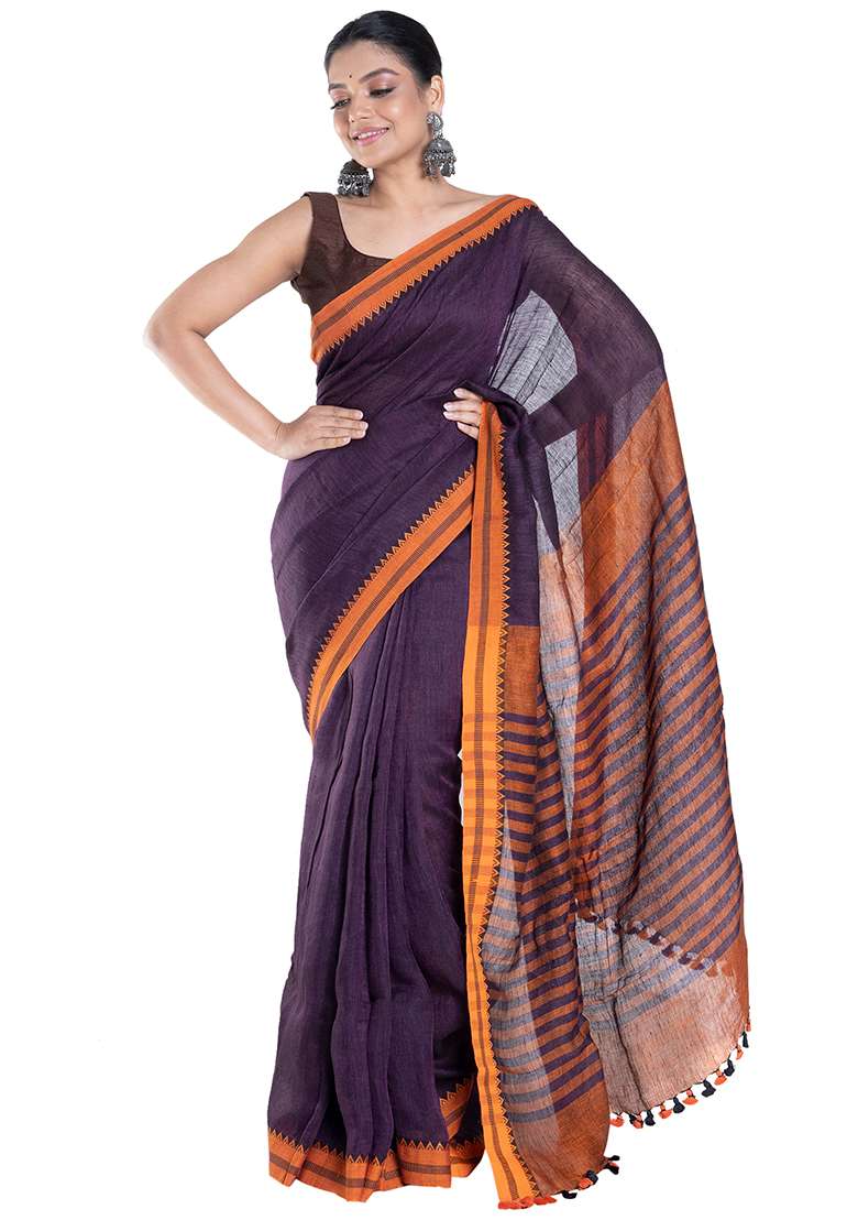 Wine Woven Linen Saree - Indya