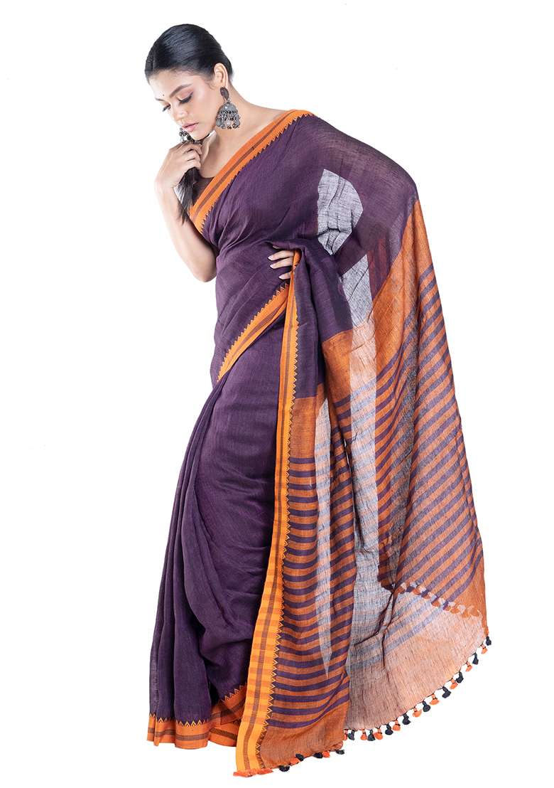Wine Woven Linen Saree - Indya