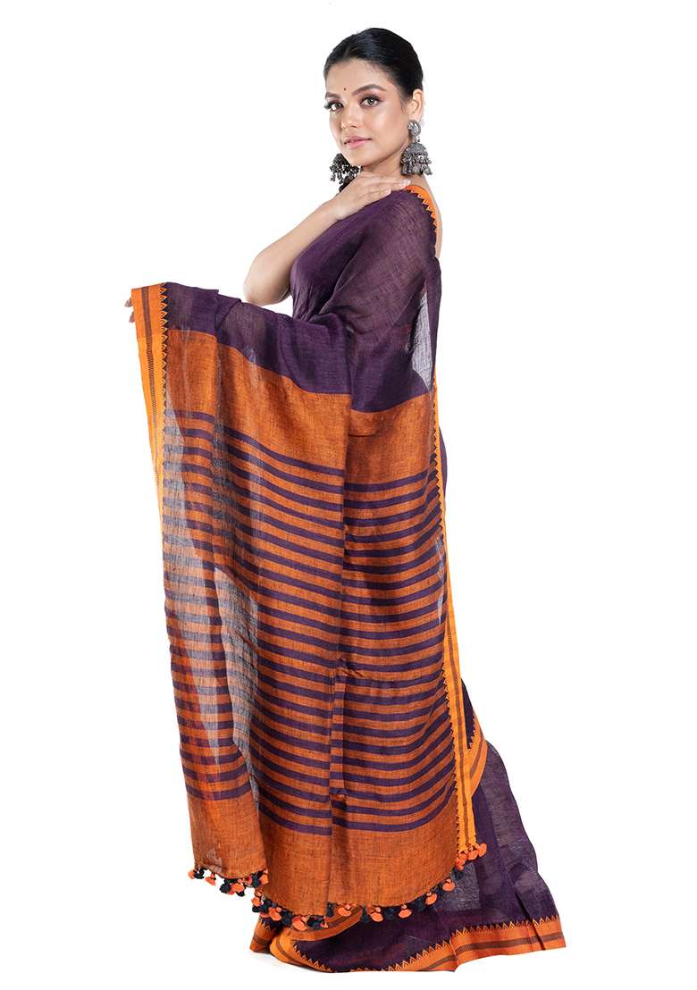 Wine Woven Linen Saree - Indya