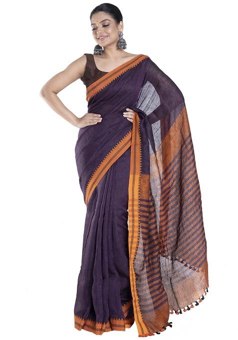 Wine Woven Linen Saree