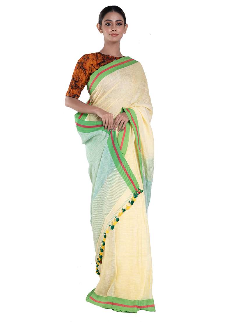 Ivory Woven Linen Saree - Indya
