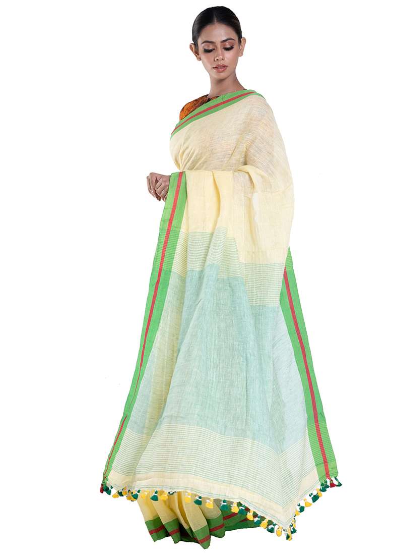 Ivory Woven Linen Saree - Indya