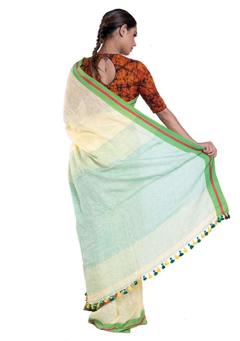 Ivory Woven Linen Saree - Indya