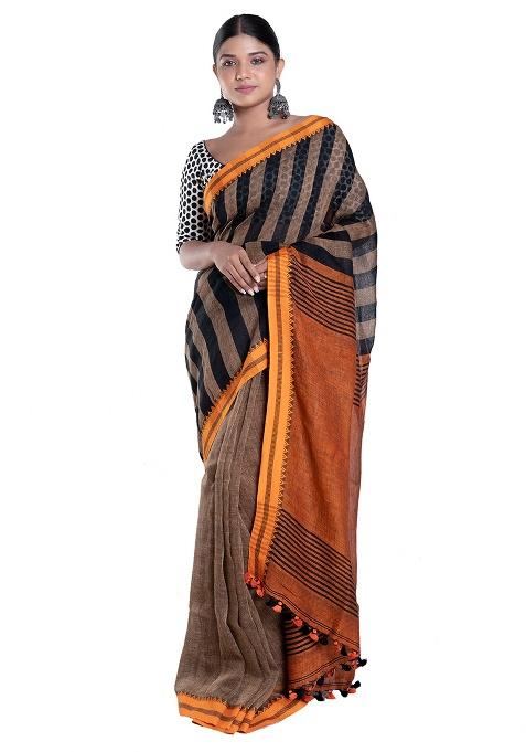 Brown Woven Linen Saree