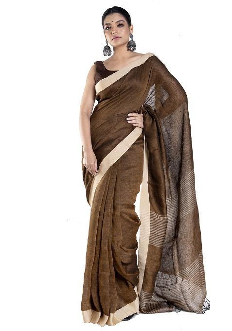 Brown Woven Linen Saree