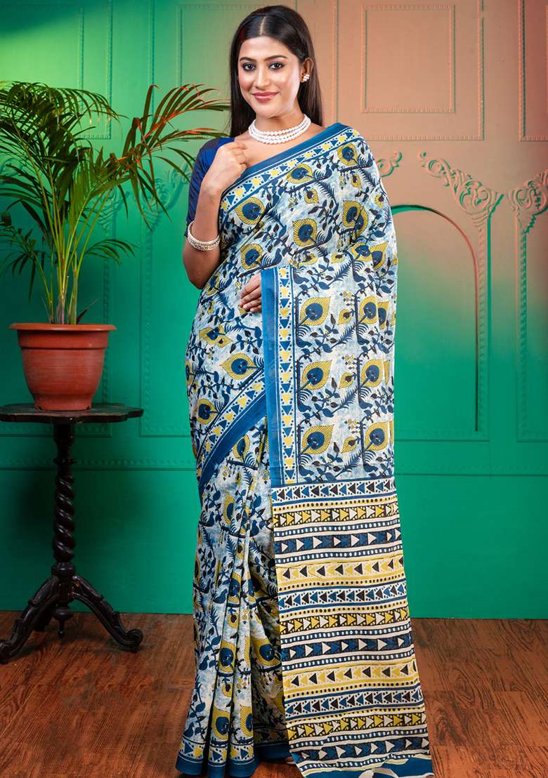 Blue Printed Cotton Saree - Indya