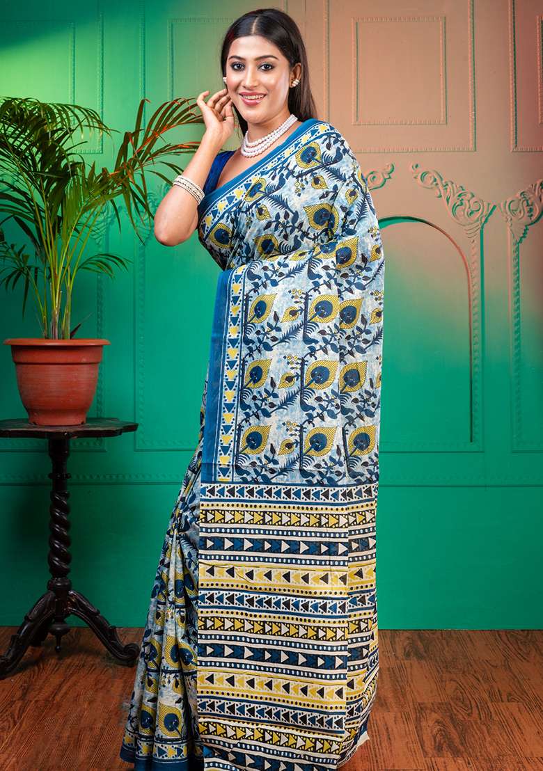 Blue Printed Cotton Saree - Indya