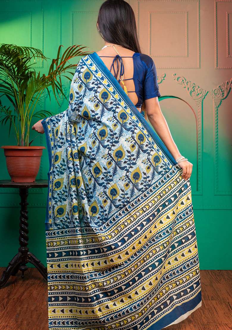 Blue Printed Cotton Saree - Indya