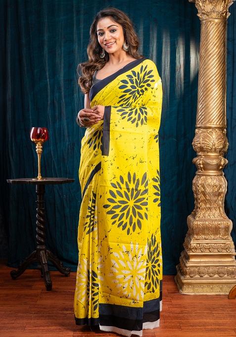Yellow Printed Cotton Saree