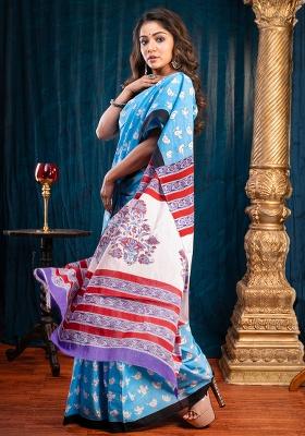 Blue Printed Cotton Saree