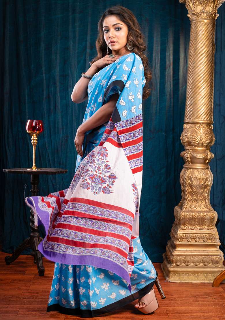 Blue Printed Cotton Saree - Indya