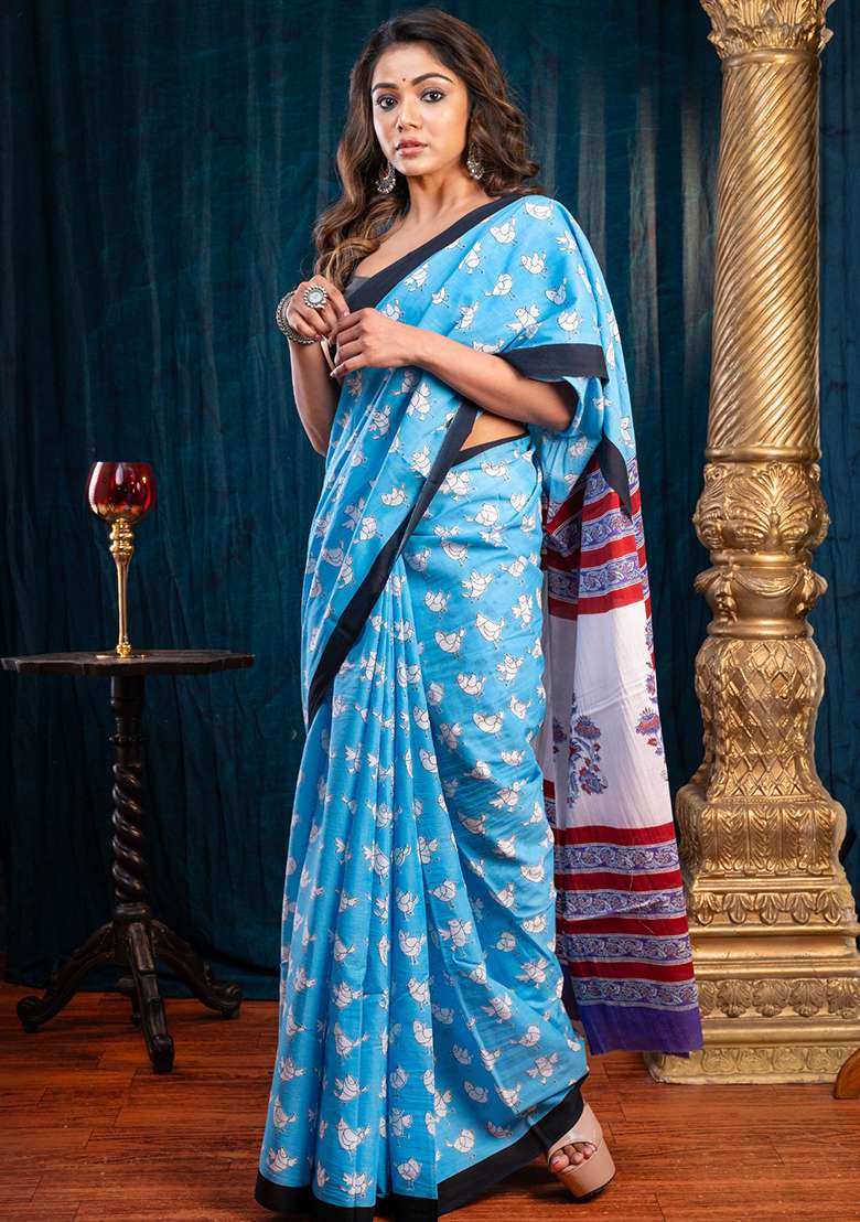 Blue Printed Cotton Saree - Indya