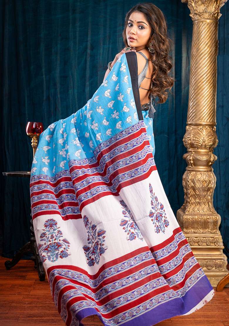 Blue Printed Cotton Saree - Indya