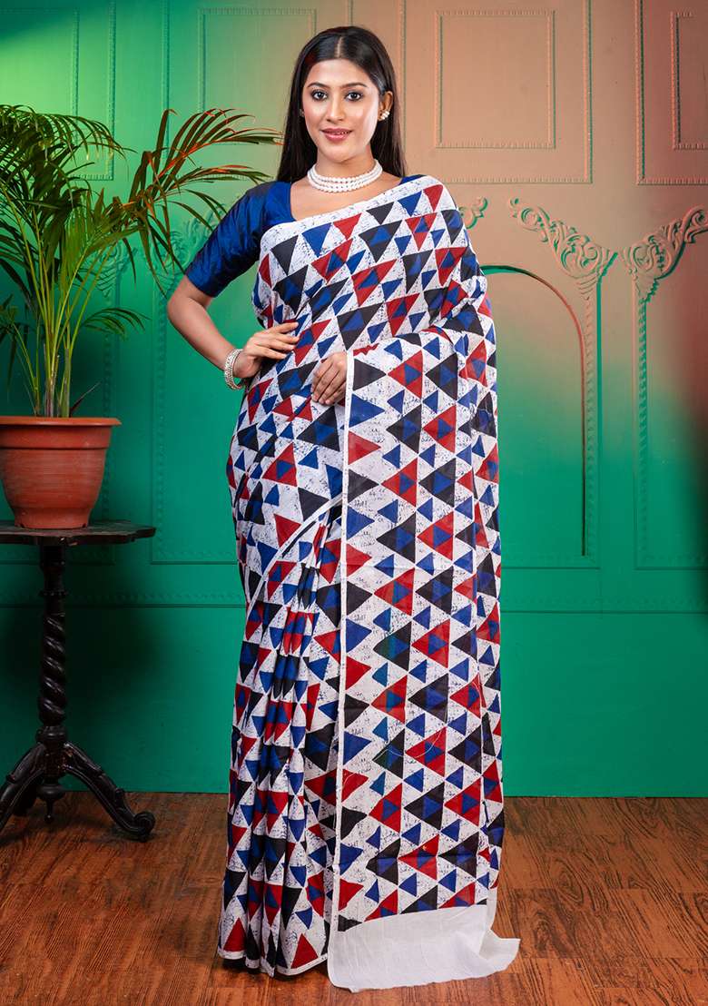 Blue Printed Cotton Saree - Indya