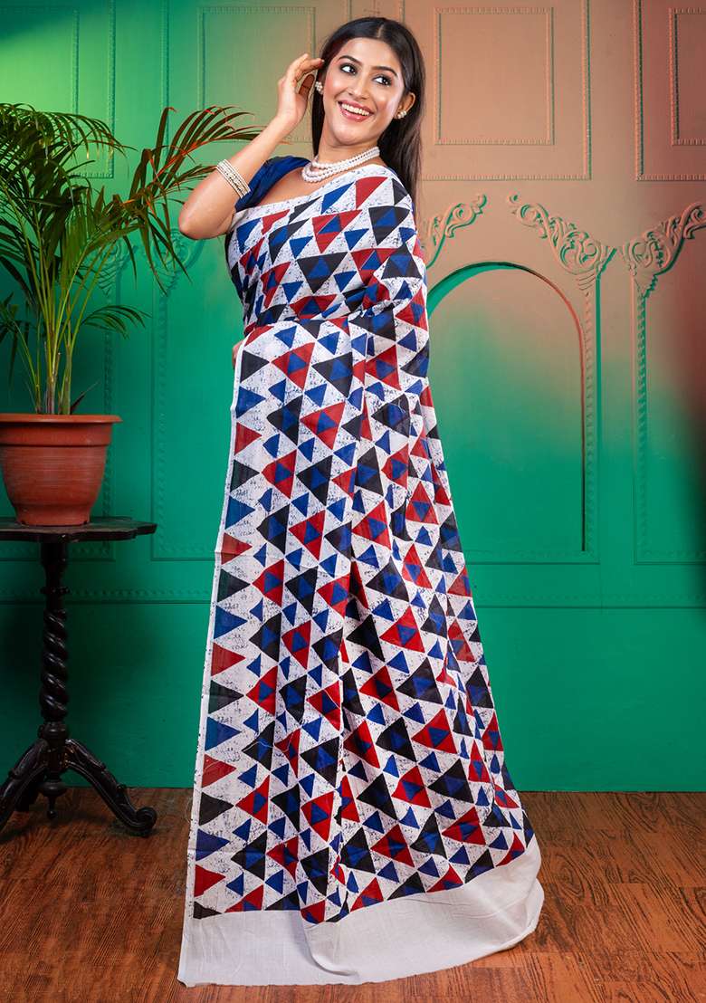 Blue Printed Cotton Saree - Indya