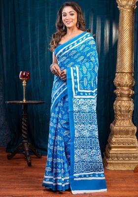 Blue Printed Cotton Saree