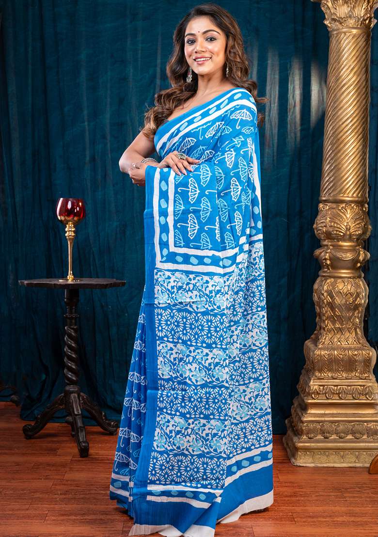 Blue Printed Cotton Saree - Indya