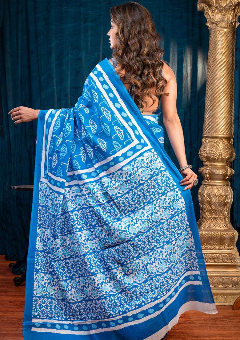 Blue Printed Cotton Saree - Indya