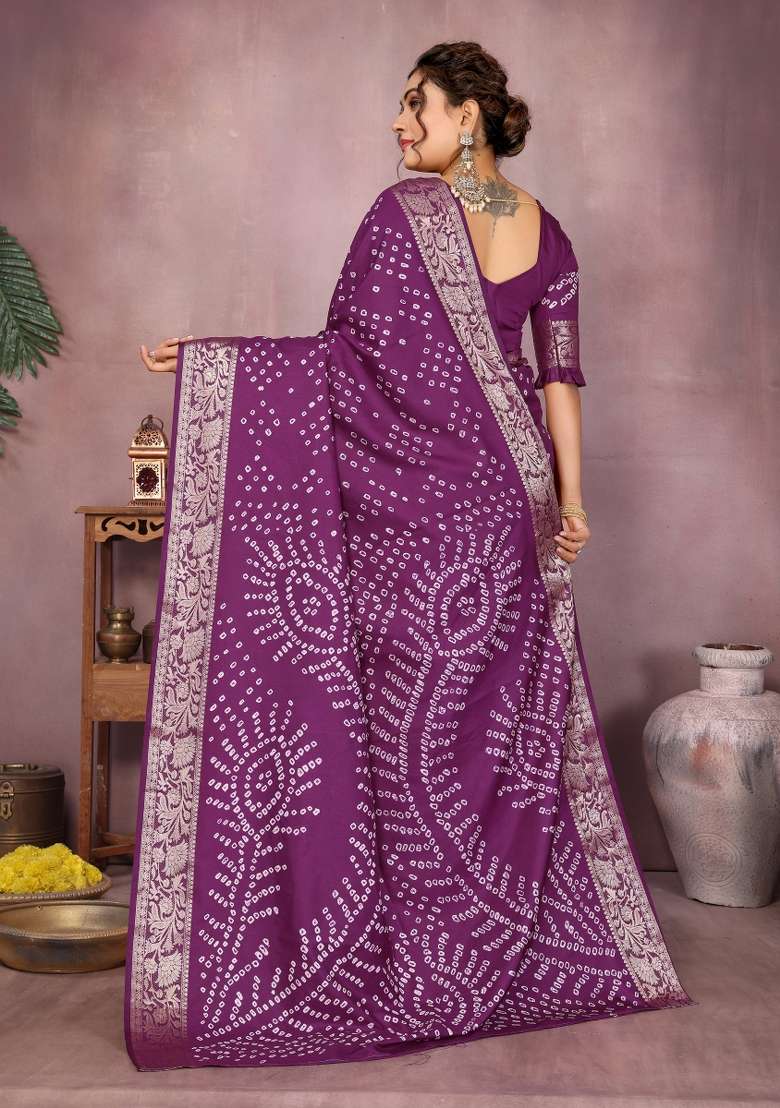 Wine Paithani Bandhej Silk Saree Set - Indya