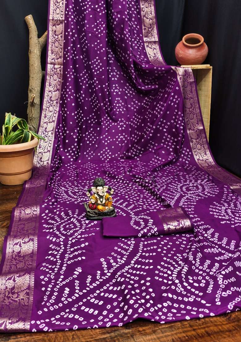 Wine Paithani Bandhej Silk Saree Set - Indya