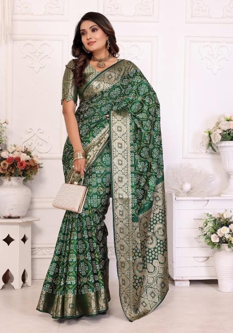 Green Bandhej Print Silk Saree Set